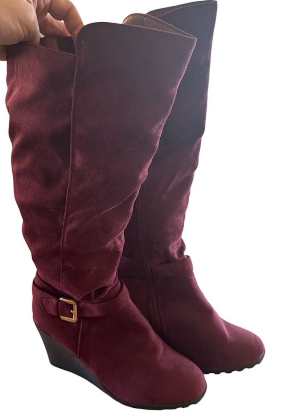 Women’s Burgundy Faux Suede Knee-high Wedge Boots Size 9 New
